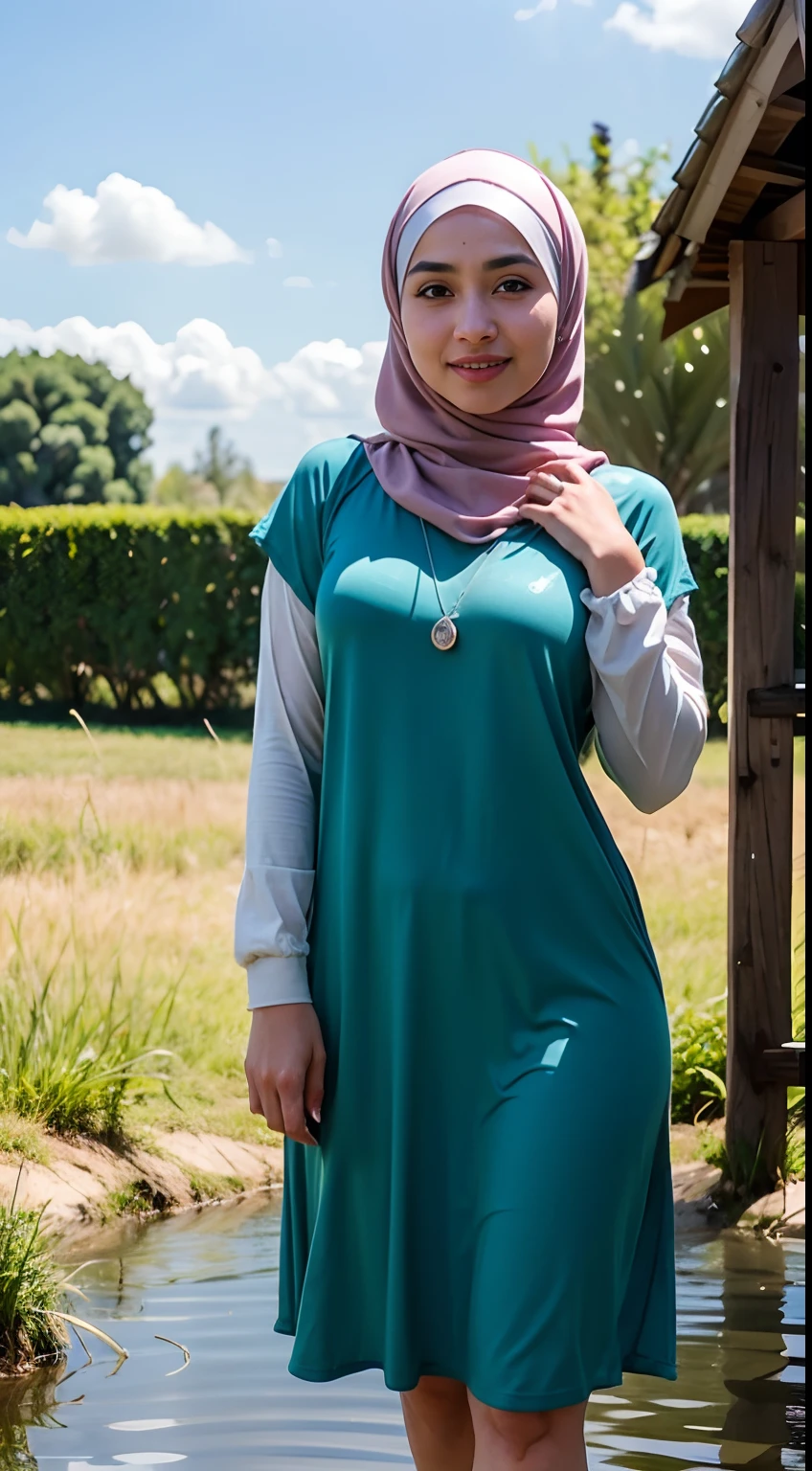 Photo of a young bookish Malay woman wearing a hijab ,in rice paddy, bright sunshine, ankle length dress, shawl, long sleeved shirt, bright clothing, dark skin, highres,4k,HDR,1girl, photorealistic, realistic,sweat skin, thin face, standing in water, medium breasts, wet clothes, wet body, soaked, dripping, soft smiling at viewer, closeup
