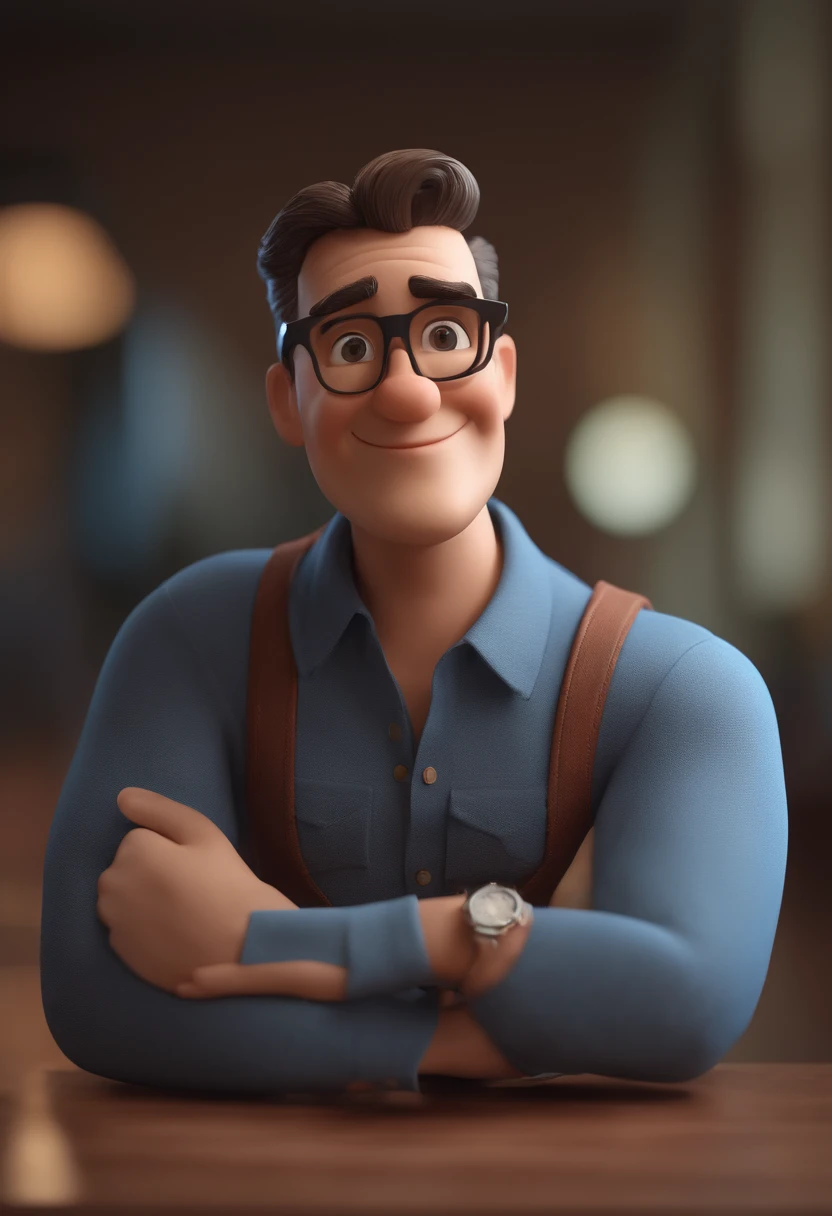 Cartoon character of a man wearing black glasses and a blue shirt, um personagem animado, Caractere estilizado, animation style rendering, 3D estilizado, Arnold Maya render, 3 d render stylized, toon render keyshot, Personagem 3D, Personagem 3D, 3d rendering stylized, 3 d character render, personagem de desenho animado, Personagem de close up, Pose de personagem, (Estilo Pixar) (master part:1.2) (Bokeh) (best quality) (pele detalhada) (textura detalhada) (8k) (argila) (Cinematic lighting) (foco nítido,Senta e vaza a parte superior do corpo