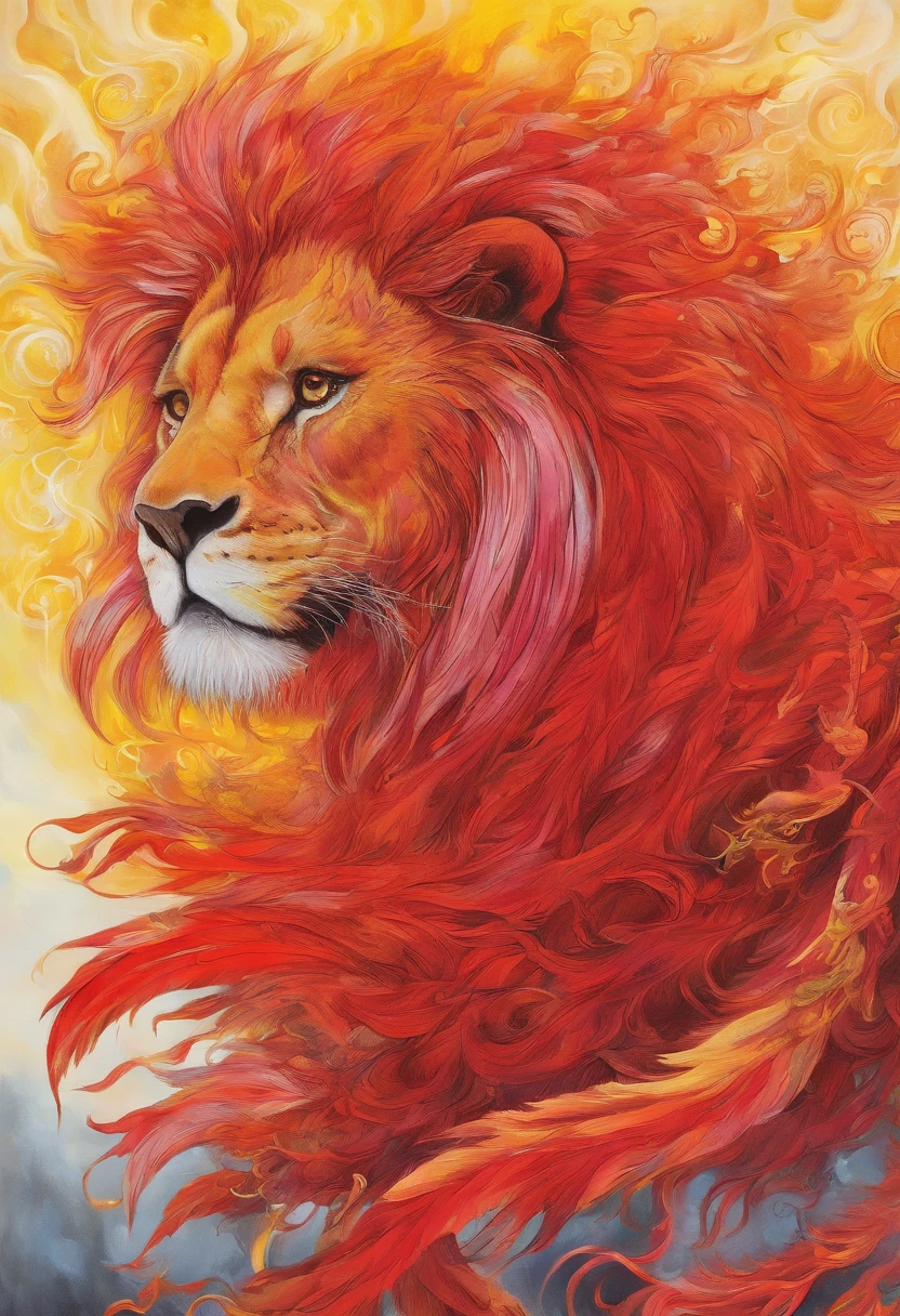 Big burning lion with red wings with yellow details, juba vermelha