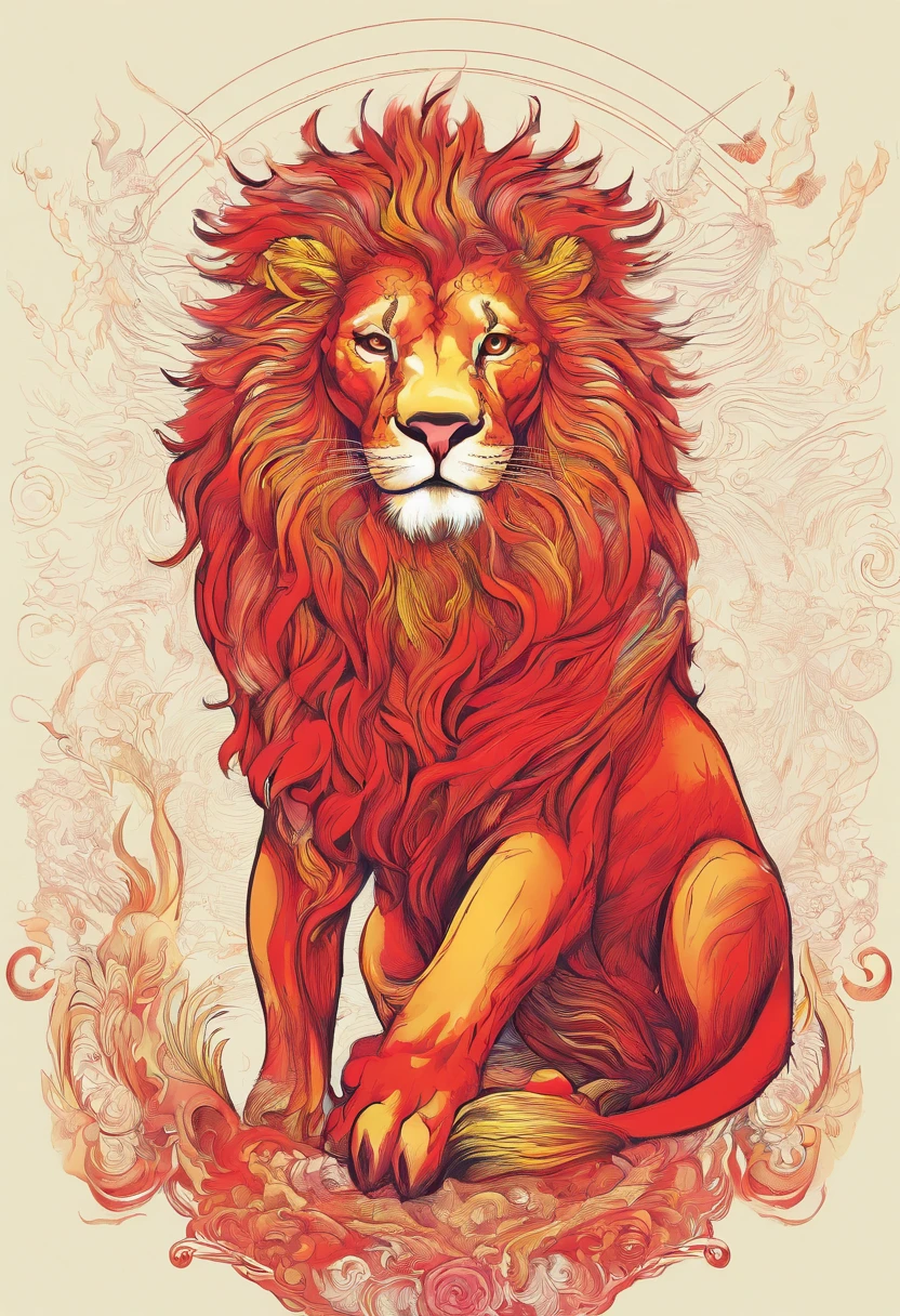 Big burning lion with red wings with yellow details, juba vermelha