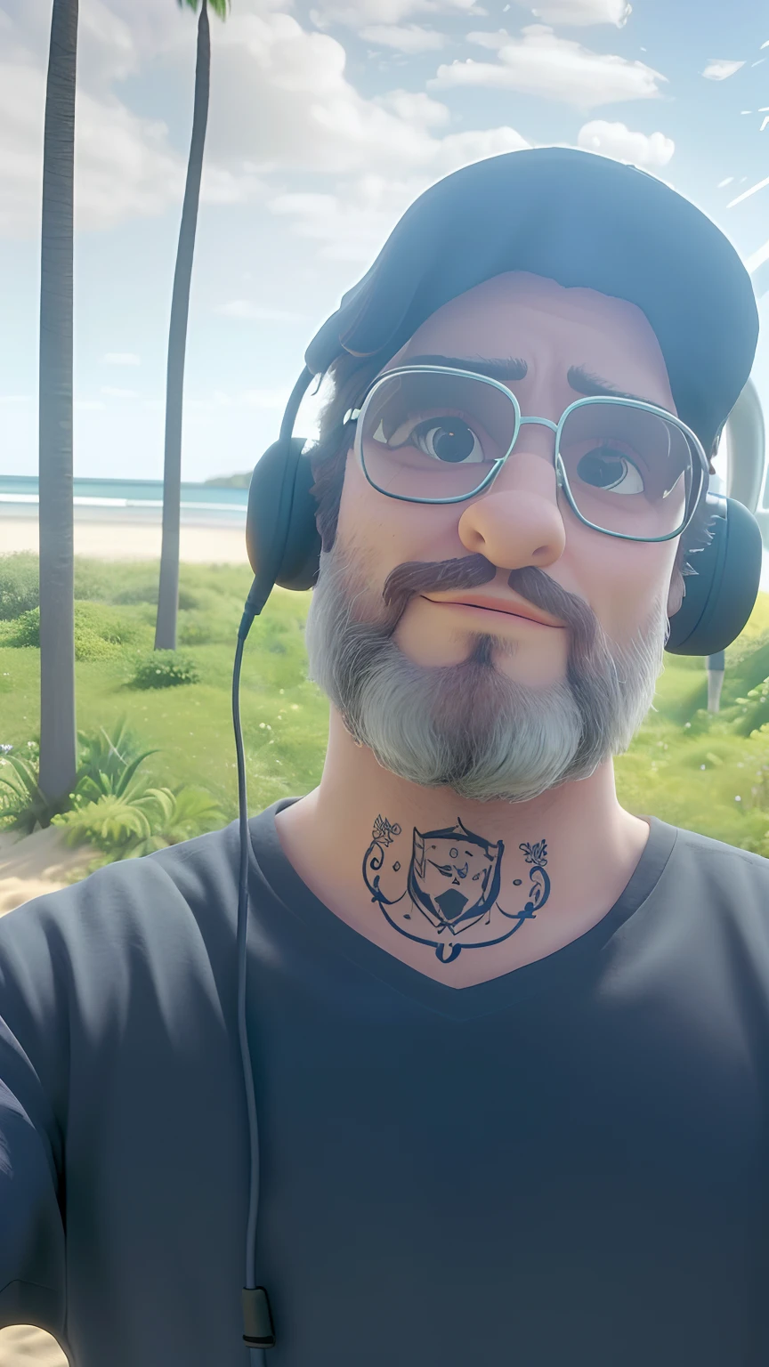 Homem com fones de ouvido e barba vestindo uma camisa preta, foto de perfil 1024px, inspired by Antônio Parreiras, inspired by Mór Adler, com uma tatuagem de lula, Myst no ar, neckbeard, Bam Margera, imagem de perfil, imagem de qualidade muito baixa, perto da praia