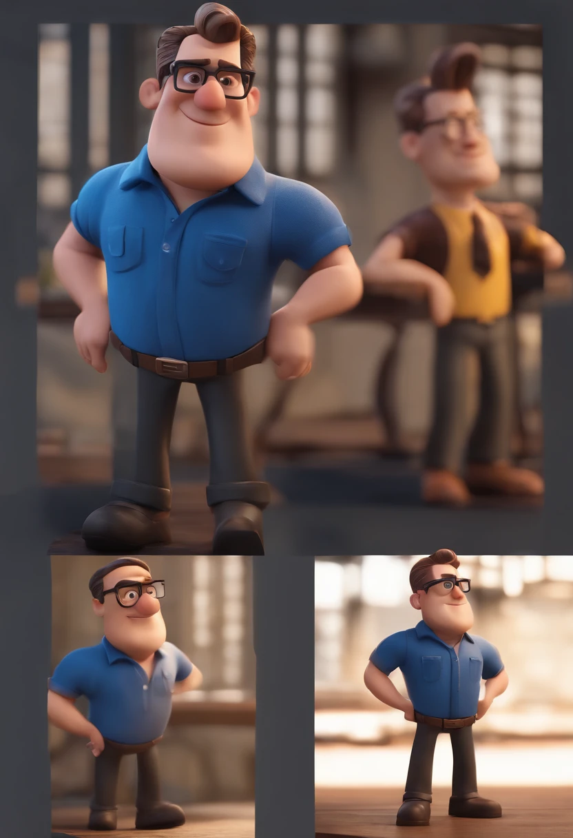 Cartoon character of a man with black glasses and a blue shirt, animation character, Caractere estilizado, animation style rendering, 3D estilizado, Arnold Maya render, 3 d render stylized, toon render keyshot, Personagem 3D, Personagem 3D, 3d rendering stylized, 3 d character render, personagem de desenho animado, Personagem de close up, Pose de personagem,  (Estilo Pixar) (master part:1.2) (Bokeh) (best quality) (pele detalhada) (textura detalhada) (8k) (argila) (Cinematic lighting) (foco nítido