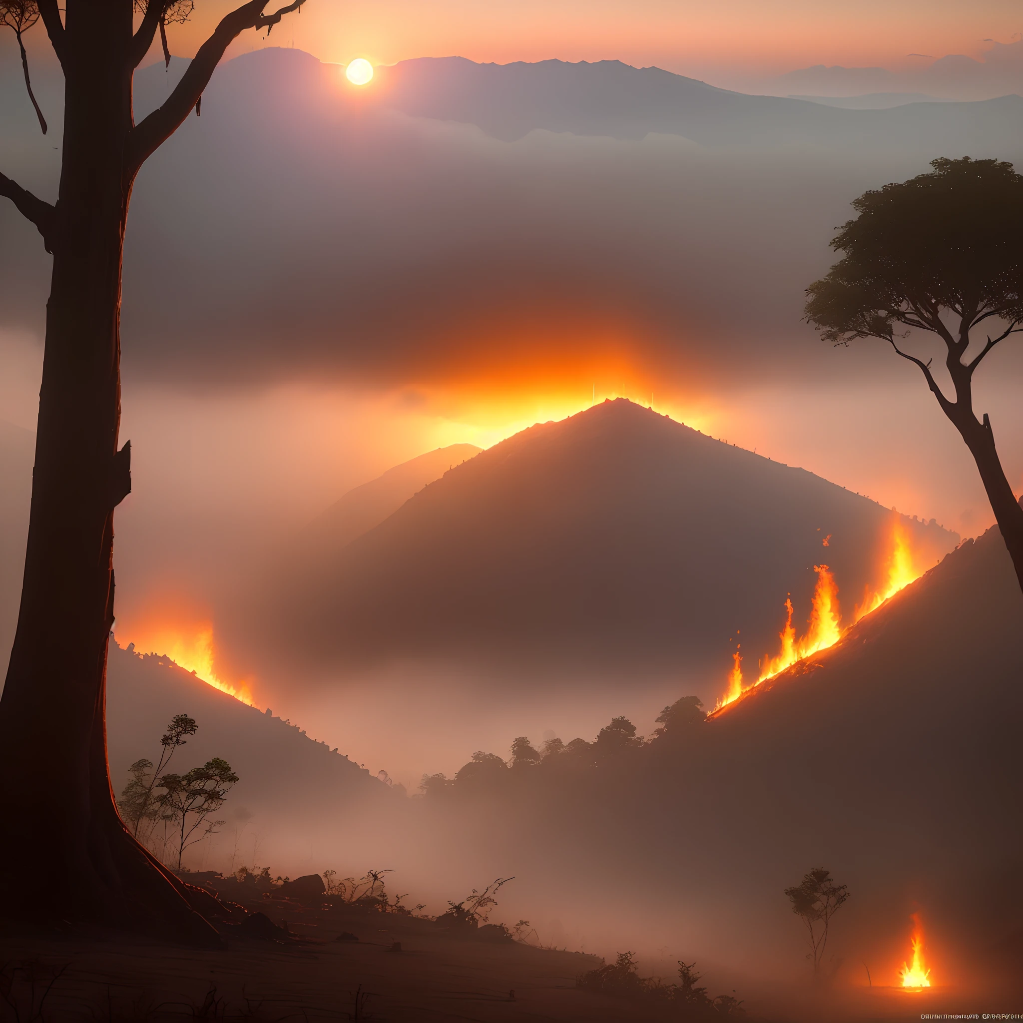 Kebakaran hutan di pegunungan , fire, fog, savana, sunset, suhu panas, vray, unreal engine, disaster