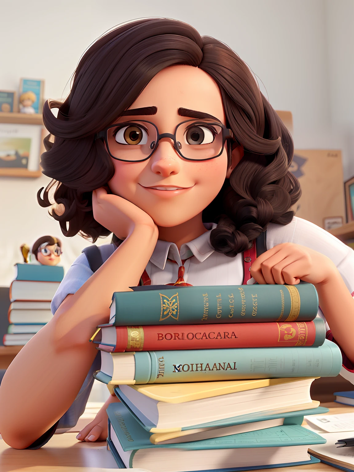 Uma mulher morena, de cabelo curto cacheado, bespectacled, with one hand resting on his chin and the other on some books.