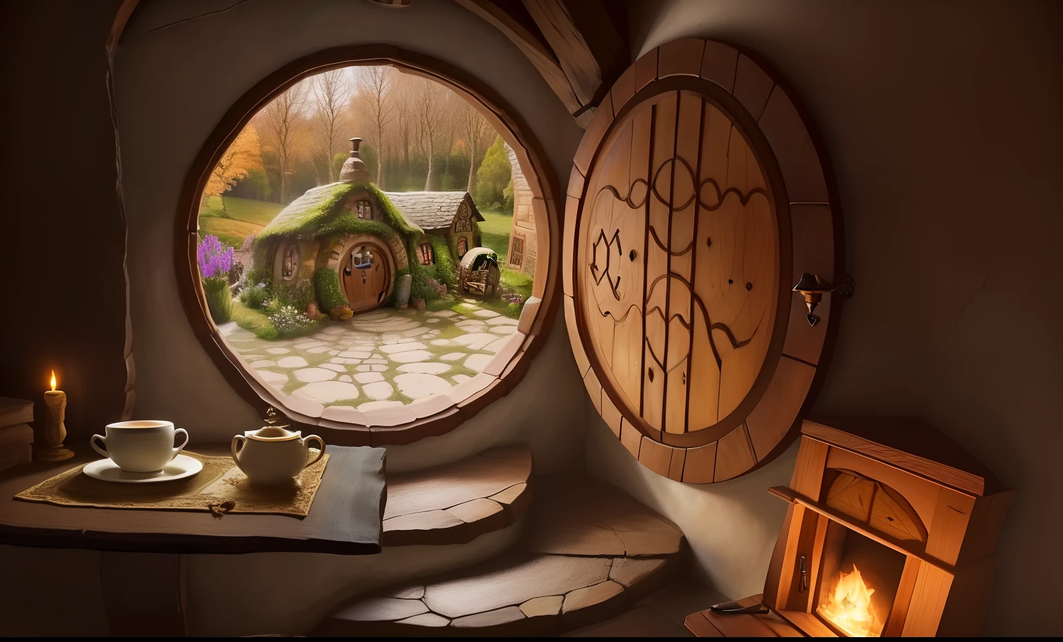 there is a table with a cup of coffee and a plate of cookies, interior of a hobbit hole, in his hobbit home, hobbit hole, inside a medieval hobbit home, the shire, beautiful serene hobbiton, inspired lord of the rings, hobbiton, round doors, the shire castle, cozy and peaceful atmosphere, elrond's house, round window