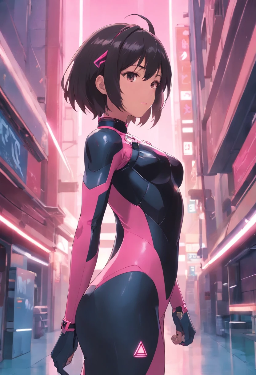 Close-up of a woman in a black and pink suit, ConceptArt, inspired by INO, cgsociety contest winner, neo-figurative, in spandex suit, Streamlined pink armor, Sleek pink armor, bubblegum body, Full Body Suit, tight full body suit, Laserpunk Full Body Suit, cybersuit, Matte Pink Armor, X-Force full-body equipment