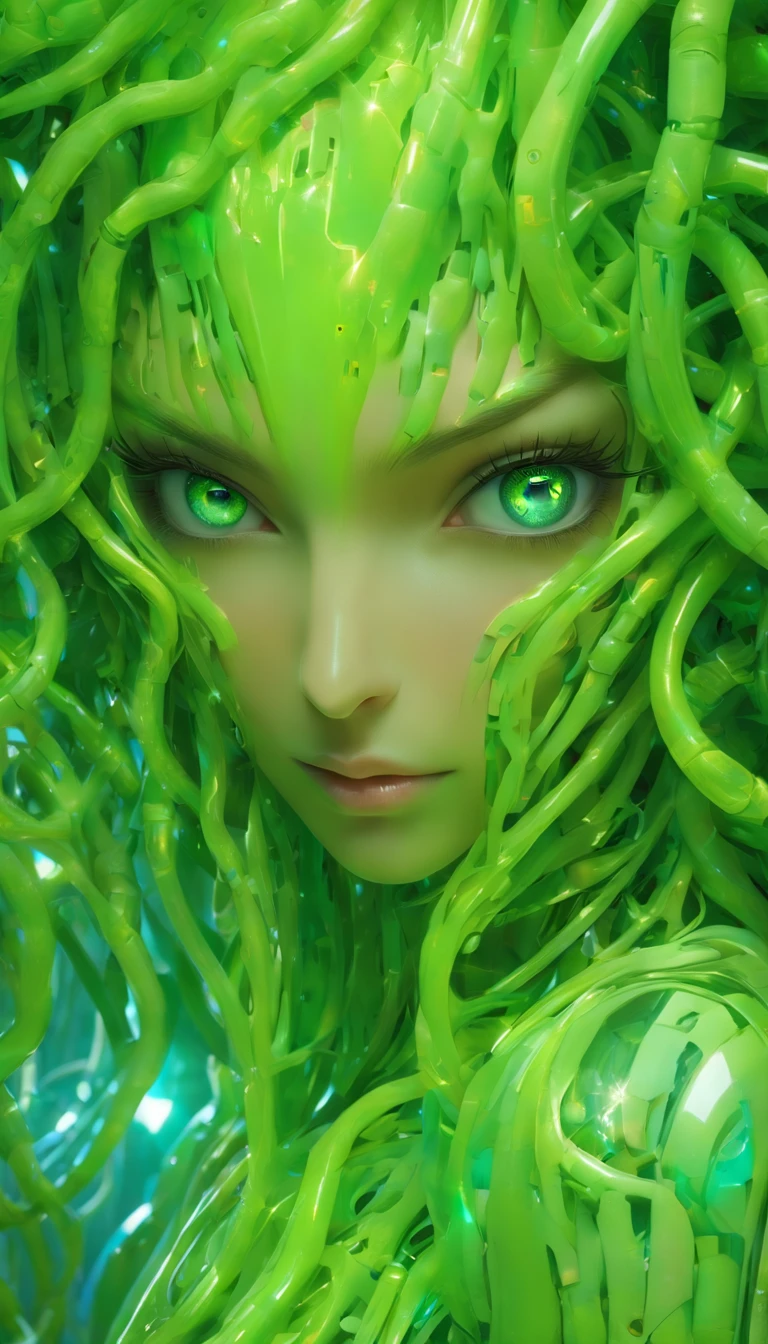 The best creative art of this century. A realistic slime from the game world. The slime absorbed the beautiful woman and fused with her. An unparalleled beauty slime. Beautiful one shot. Photorealistic highest quality, masterpiece, super high resolution. Ultra-realistic details, 16K.