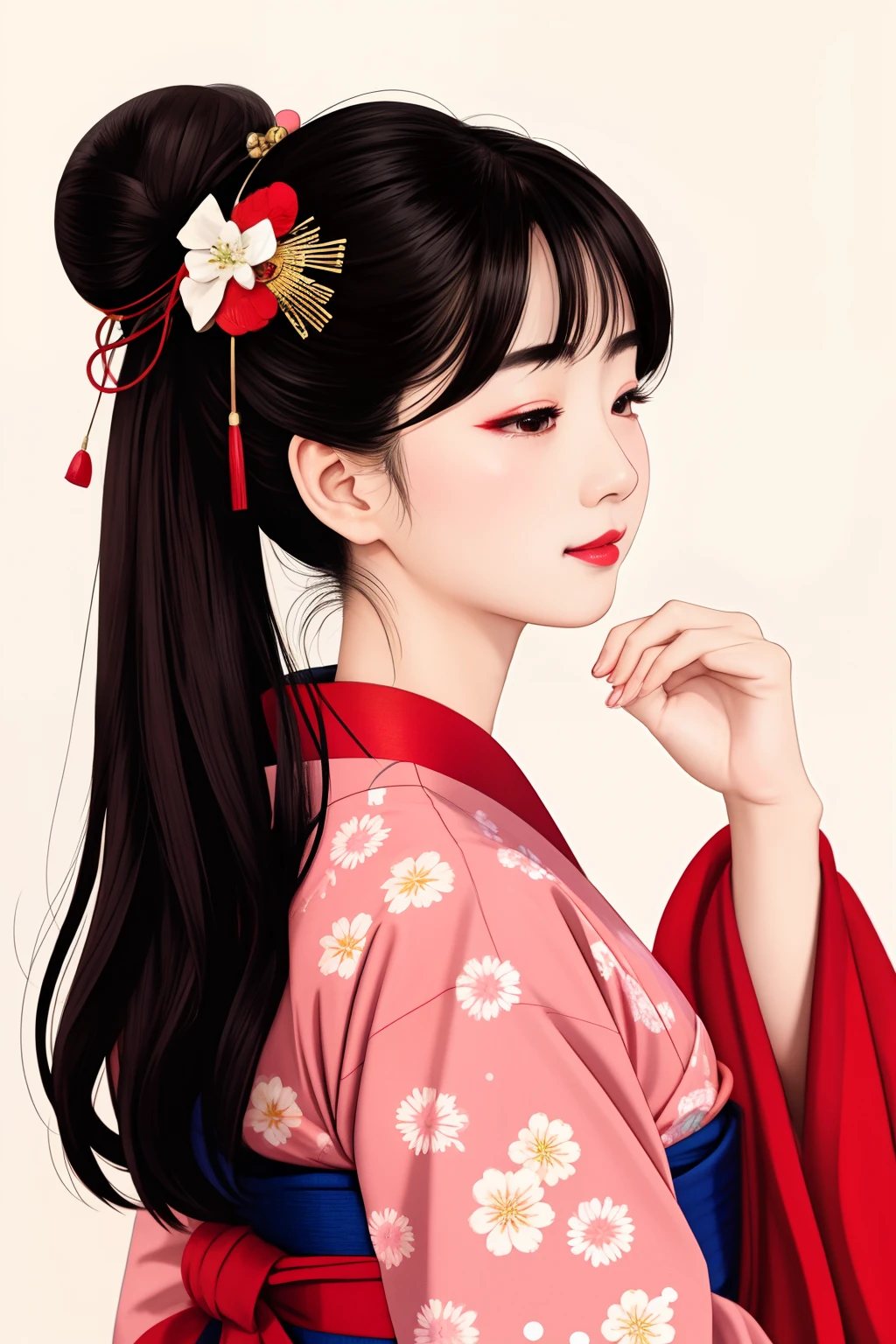 ((Big、a small face、No exposure))、top-quality、masterpiece、(Bun hair Black hair、Ponytail hair)、Brown eyes、⦅From the buttocks up is the whole body、Diagonally horizontal⦆、(4In K、masterpiece、hight resolution、Realistic and beautiful light and shadow、One girl、Solo Focus、(top-quality)、(Hi-Res)、(extremely delicate and beautiful)、(Beautiful 8k face)、(I close my eyes while smiling.)、(独奏)、(Clear skin)、(Soft hair)、(7headed body)、(Japanese style yukata kimono with red and pink floral pattern isolated on white background、Beautiful girl in Japan wearing yukata)、((Hair in a bun))、((Tanabata decoration background))、((a small face))、(reality)、thin and small nose、(red lipsticks)、(Reddening cheeks)、(Lustrous skin)、((Ukiyo-e style))、Ultra-thin eyebrows、Ultra high image quality、(Wearing maiko-style makeup)、skin whitening、long and beautiful lashes、Lustrous skin that changes like a model in a Kyoto magazine、(Red-dyed cheeks),Nasal muscle