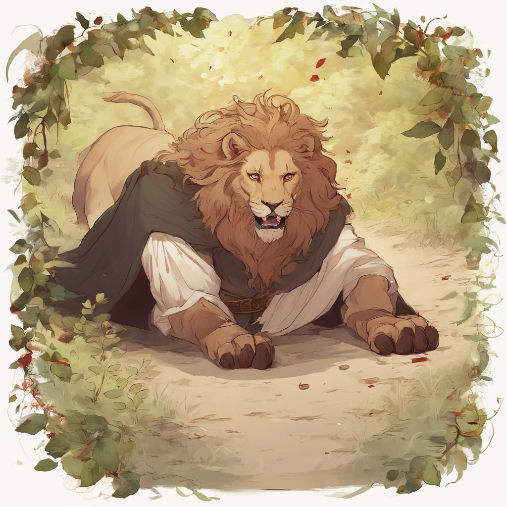 A picture of Samson fighting a lion on a dirt path surrounded by trees and bushes on a sunny day. Samson, a young man with long hair and beard, dressed in a lion skin cloak. The lion, with black mane and fierce eyes. An angel, with golden hair and white wings. She has a worried expression on her face. A boy, lying on the ground, with his face covered in blood.