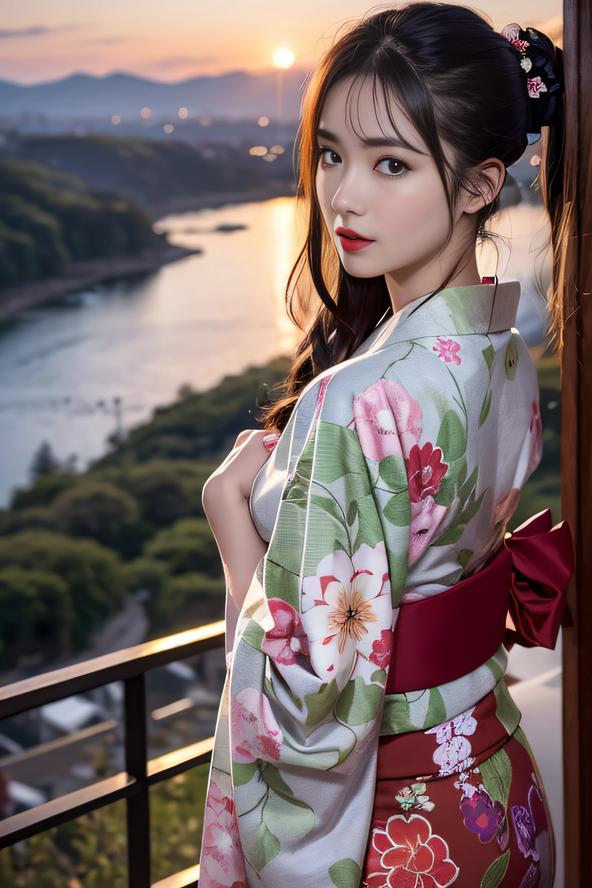 1womanl、(Super beautiful)、(beauitful face:1.5)、(A detailed face)、Early 30s、(Kimono)、Wearing heavy makeup、(red-lips)、Brown hair、(Immediately after sunset:1.2)、(Back lighting)、A scent that can't be hidden、Before you know it, It's ingrained in you、If someone takes you, I want to kill you、Sleep in a hideout、Winding Slope、Joren Falls、soar、shake off、Passing through the dazzling flames、mont. Amagi I want to climb with you、At SFW