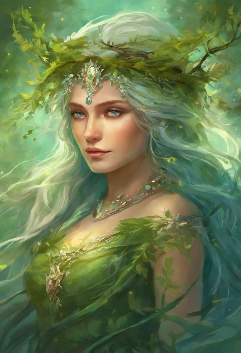 Close-up of an old woman with a wreath of grass on her head. Goddess of the Moon and the Forest. She turns her back to the camera under the full moon. Image de dos. fantastique. Portrait of a Norse Moon Goddess. vielle.