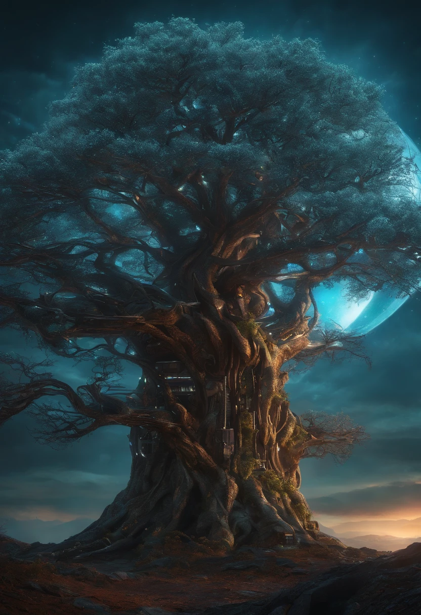 (science fiction tree:1.1), robotic world, electronics, cyberpunk, world tree, highly detailed, High dynamic range, vivid, rich details, cinemascope, moody, epic,