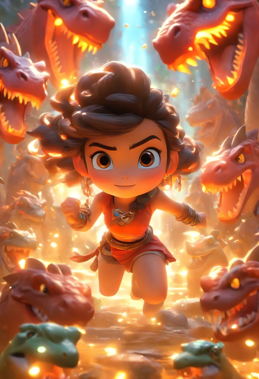 (Estilo Pixar),Uma menina chinesa de cinco anos,em uma caverna,mochila grande,A chest full of gold coins and gems,um esquilo,Um dinossauro vermelho,Modelo de personagem em miniatura, fonte de luz da direita para a esquerda, Rum lighting, fonte de luz da direita para a esquerda, Realistic proportions, Post-processing, ((perspectiva ortogonal)), Super Detalhe, Realistic, super realistic, photoreal render,