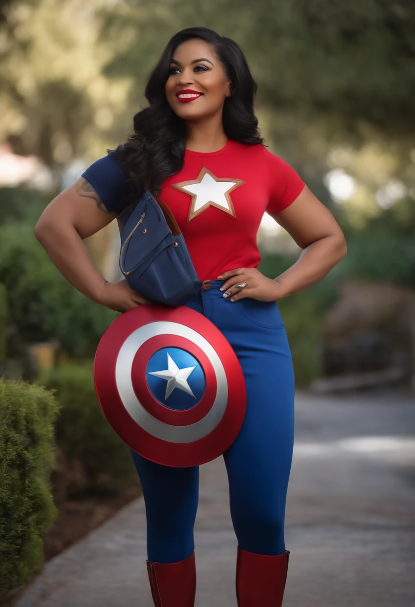 Personagem de desenho animado inspirado na Pixar de uma homem, 41 years old with half thick lips with harmonic color with her face, com copos redondos castanhos, navy blue t-shirt with captain america shield , cabelos grisalhos com topete moderno aractere estilizado, animation style rendering, 3d.