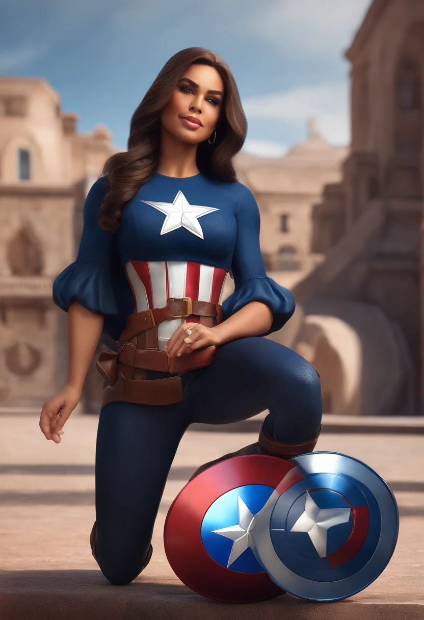 Personagem de desenho animado inspirado na Pixar de uma homem, 41 years old with half thick lips with harmonic color with her face, com copos redondos castanhos, navy blue t-shirt with captain america shield , cabelos grisalhos com topete moderno aractere estilizado, animation style rendering, 3d.