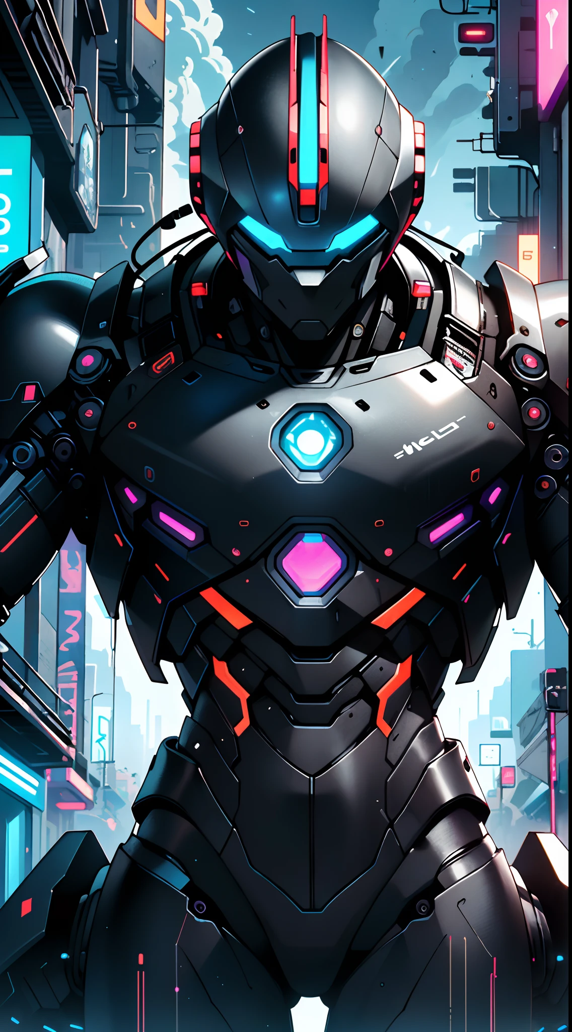 Imposing black plastic metal android robot,three meters tall,minimalist design,marked metallic musculature. His head is smooth and adorned with RGB lights,body is glossy black, RGB details, futuristic design,(((muscular))),hypermuscle, hyper muscles,carbon robot,humanoid robot, robot, robot joints, joints, helmet, armor, head-mounted display,(((robot with minimalist design))),
He carries a metal backpack on his back.
(dynamic pose:1.0),solo focus,(centered,scale to fit dimensions,Rule of thirds),
cyberpunk city by the ocean at night, with bright neon signs and dark stormy clouds and puddles, scenery:1.25,nighttime, starry night, cosmos,
artistic photography,(photography taken by sldr),highres, sharp focus, (ultra detailed, extremely detailed), (photorealistic artwork:1.37),(extremely detailed CG unity 8k wallpaper),((synthwave background theme)),(((vibrant colors))),(intricate background),(masterpiece),(best quality),