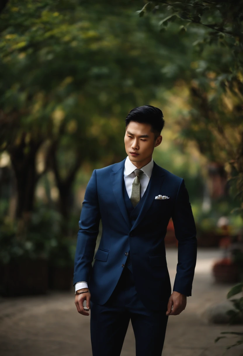 Take me a picture of a Chinese male model in a suit and tie