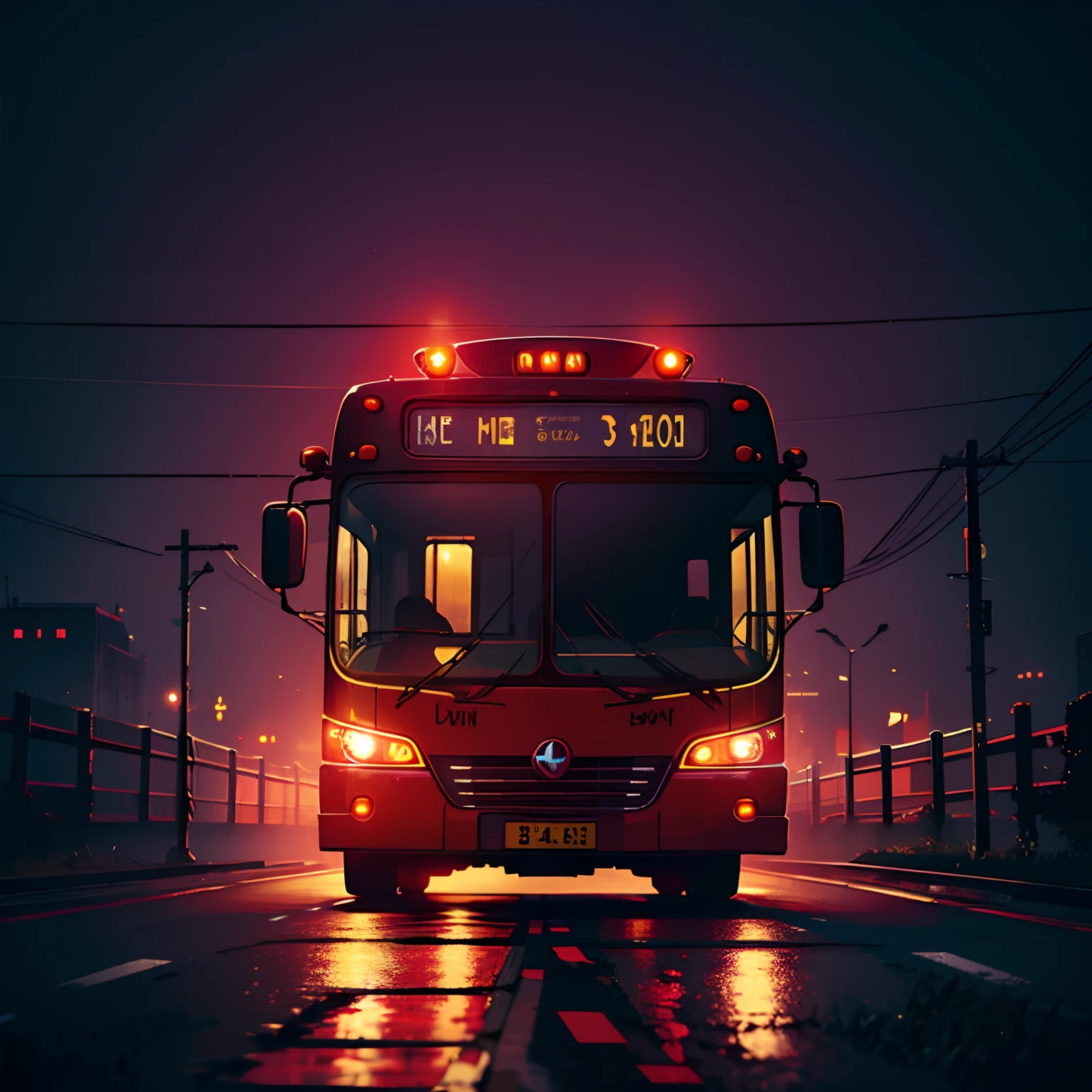 A modern public bus, red enamel color on a spooky night, dark background, bright yellow headlights with light breaking through fog, fluorescent ghosts coming out of the windows, realistic, panoramic, 8k