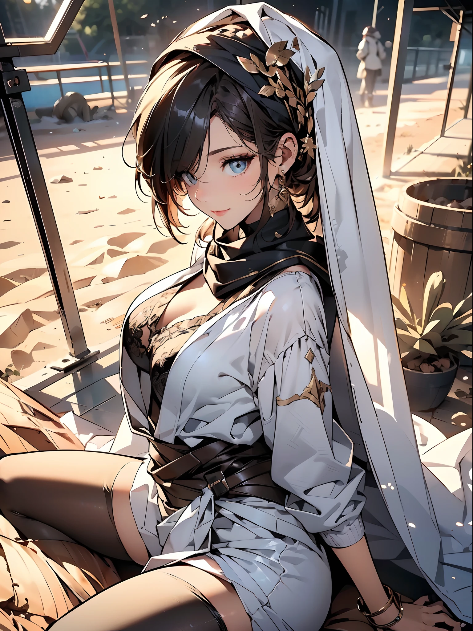 a matured woman with long black hair and a white outfit, (in a desert:1.5), (resting in oasis:1.2, in front of lakeside:1.2, cross-legged:1.1), Arabic, (Post apocalyptic:1.0), from arknights, artwork in the style of guweiz, bodyesbian, fine details. girls frontline, beautiful anime illustration, from girls frontline, by Yang J, stunning, 26 years old, (solo:1.5), (sfw:1.25), sagging breast, large breasts, big tits, thin waist, big ass, Raised sexy, (dark mahogany medium short hair, updo, hair over one eye, asymmetric hair, Carly hair, low tied),(musulman, white Headscarfs, hair bands, head vandage, Turban), (ultra high resolution, 8K RAW photo, photo realistics, weak outline:1.3, clear focus), best qualtiy, natural lighting, blurry back ground, field depth, (Bright pupils, detailed beautiful eyes, high detailed face), Red lip, looking away, (crotch focus:1.2, from front, from above), sexy posing, seductive weak smiling, center image, (wearing white long jacket and clothes, wearing white robes, platinum ornaments, white clothes rolling around waist, camel-brown long leather boots, translucent lace pantyhose), ((correct anatomy:1.5)), ((outdoor:1.2)),