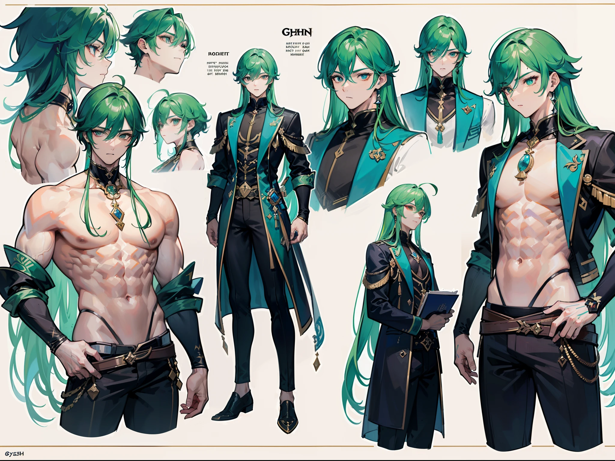 ((Masterpiece, Highest quality)), Male, boy, Detailed face, character design sheet， full bodyesbian, Full of details, frontal body view, back body view, Highly detailed, Depth, Many parts, Muscle boy with long green hair with long bangs，handsome man, muscle body, vampire outfits clothes, Genshin Impact, man tall, pectoral muscles, abs