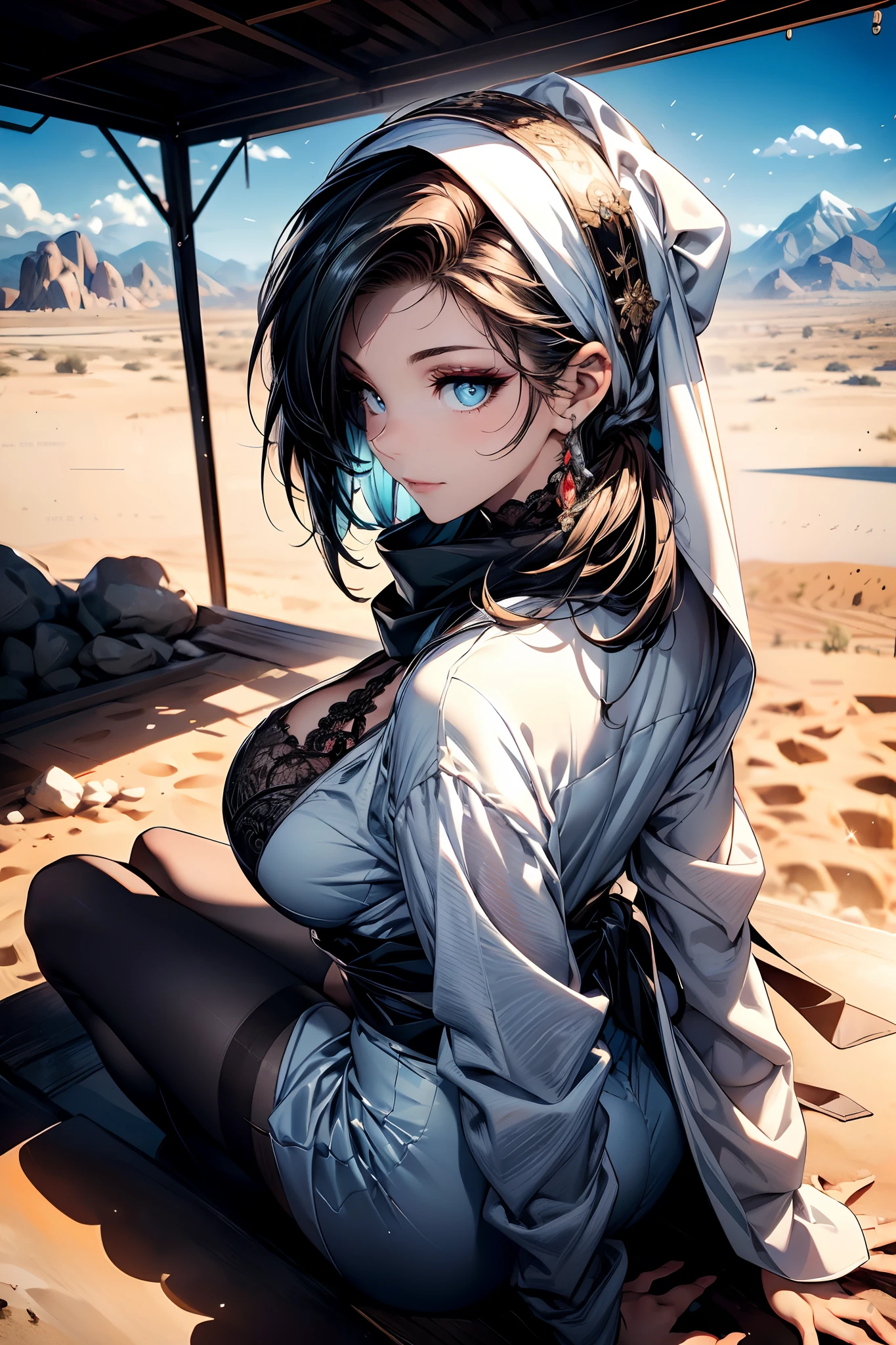 a matured woman with long black hair and a white outfit, (in a desert:1.5), (resting in oasis:1.2, sitting with opening legs:1.5, with cross-legged:1.3, in front of lakeside:1.2), Arabic, (Post apocalyptic:0.0), from arknights, artwork in the style of guweiz, bodyesbian, fine details. girls frontline, beautiful anime illustration, from girls frontline, by Yang J, stunning, 26 years old, (milf:1.3), (solo:1.5), (sfw:1.25), sagging breast, large breasts, big tits, thin waist, big ass, Raised sexy, (dark mahogany medium short hair, updo, hair over one eye, asymmetric hair, Carly hair, low tied),(musulman, white Headscarfs, hair bands, head vandage, Turban), (ultra high resolution, 8K RAW photo, photo realistics, thin outline:1.3, clear focus), best qualtiy, natural lighting, blurry back ground, field depth, bokeh, (Bright pupils, detailed beautiful eyes, high detailed face), Red lip, looking away, (dynamic angle, front view:1.1, crotch focus:1.3, from above), dynamic posing, sexy posing, leaning forward, seductive smiling, center image, (wearing white long jacket and clothes, wearing white robes, platinum ornaments, rolling white clothes around waist, camel-brown long leather boots:1.3, translucent lace pantyhose), ((correct anatomy:1.5)), ((outdoor:1.2)),