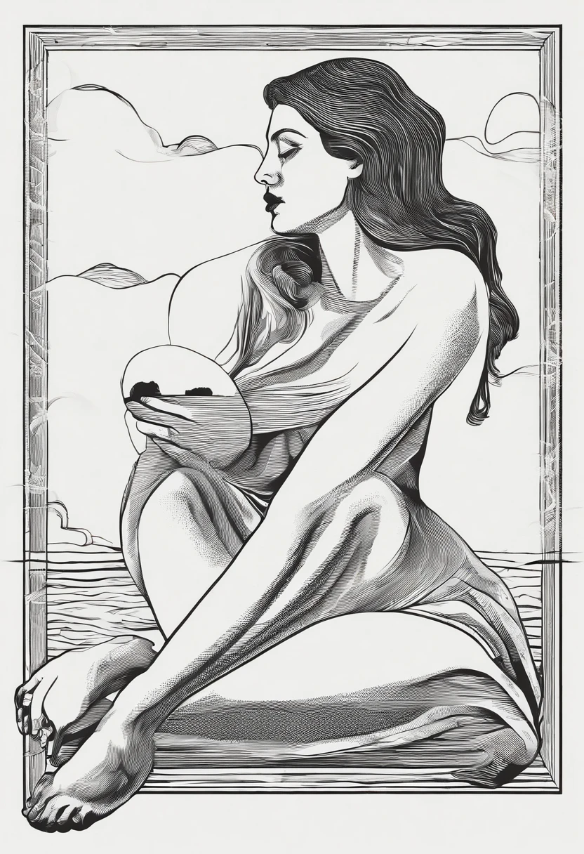 a woodcut etching print illustration image of a woman wearing no clothes straddling a skull , romantic and sensual, sexy and erotic