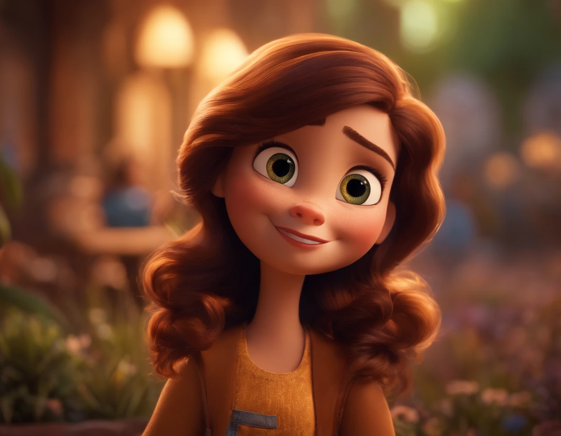 uma mulher estilo pixar/disney, alta qualidade, de frente para o espelho, Authentic, alegre, curiosa, cabelos ondulados longos e loiros, olhos grandes e castanhos, Instagram Icons, whatsapp, Facebook and chat bubbles in the background, movie title "Gabi, the authentic one"