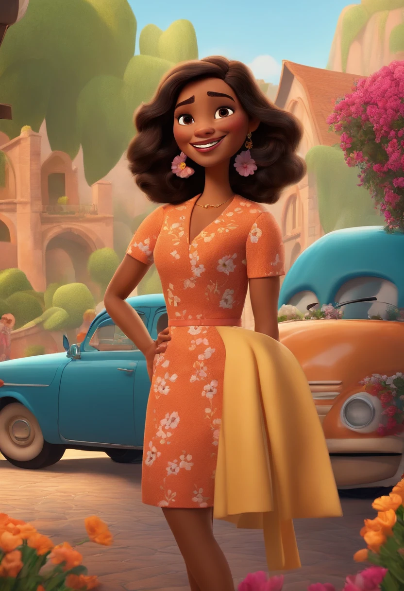Create a Pixar-style poster titled 'The Tobias' She's a brunette, cabelos cacheados na altura dos ombros, sorridente, usando um vestido, And he's a media mulatto , wearing glasses and suit, smiling against a floral backdrop with vibrant Disney Pixar colors and textures with a couple. arte digital deve evocar o estilo da Pixar, Reminiscent of animated features. Focus on character expressions, cores vibrantes, e texturas altamente detalhadas