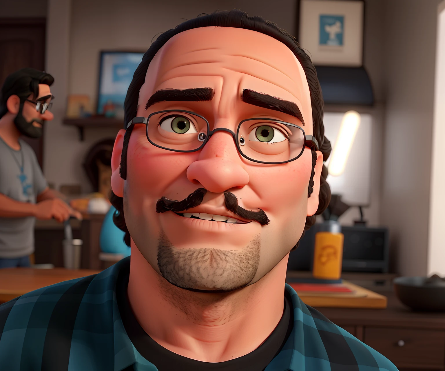 tcreate a 3D Disney Pixar style character of a 40 year old man. Imagine him with big, curly long hair, a mix of black and gray, and a pair of glasses perched on his nose. His look with a thin, gray beard and dark skin tone. Standing 1.73 meters tall and weighing 90 kilos, this character has a Latin look, 90s grunge style, ripped pants and a blue and black checkered blouse.