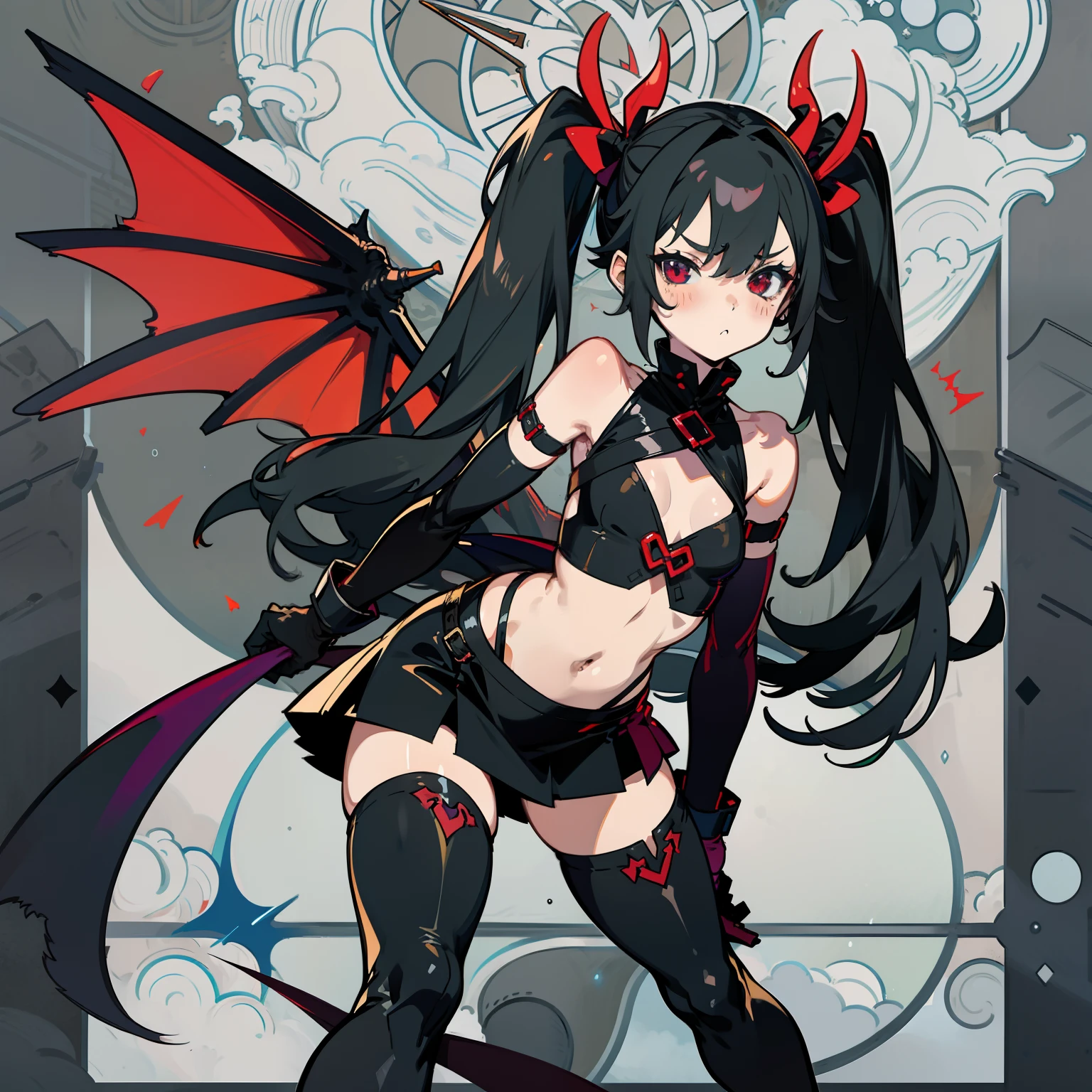 Extreme refinement, 1girl in、A glare、A bratty vampire, succubus, , thin black leather tube top, very short and tight leather mini skirt, devil tail, small devil wings, pigtails, tsundere, long black gloves, long black skin tight boots, thigh boots, shoujo, 2000’s anime style(small tits) (petite body) (very thin) (no curves)