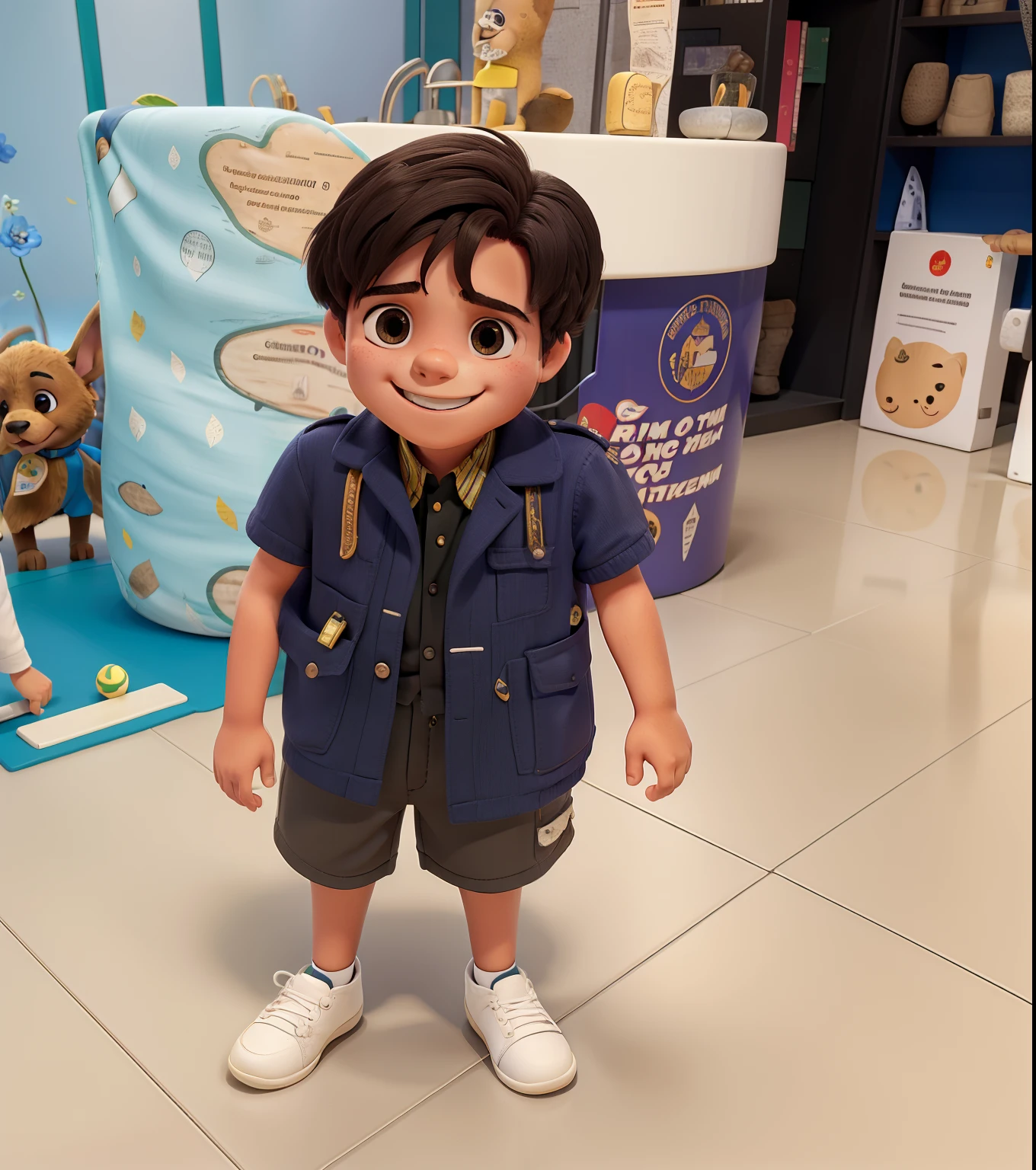 Menino sorridente e estiloso, com olhos chamativos no parque