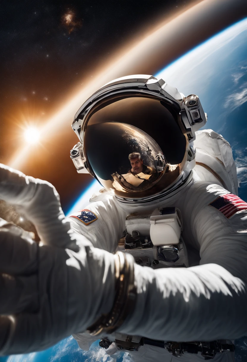(photographic:1.3), (ultra wide lens:1.3), (close-up:1.3), (selfie shot:1.3), (an astronaut floating on space:1.3), (helmet:1.3), (infinite space behind him:1.3), (no gravity:1.1)