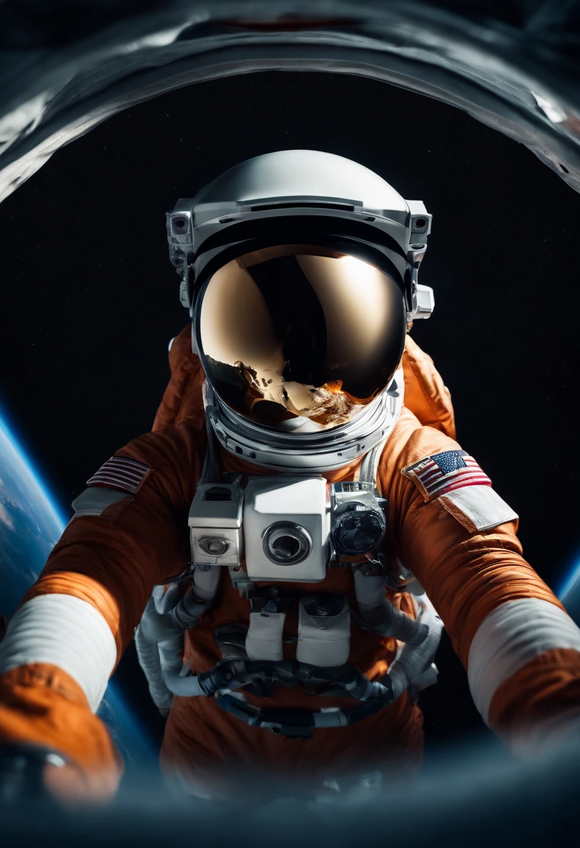 (photographic:1.3), (ultra wide lens:1.3), (close-up:1.3), (selfie shot:1.3), (an astronaut floating on space:1.3), (helmet:1.3), (infinite space behind him:1.3), (no gravity:1.1)