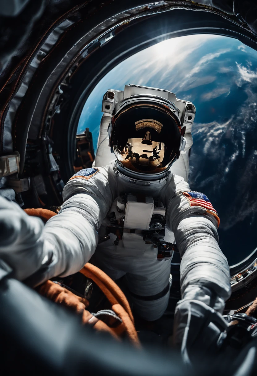 (photographic:1.3), (ultra wide lens:1.3), (close-up:1.3), (selfie shot:1.3), (an astronaut floating on space:1.3), (helmet:1.3), (infinite space behind him:1.3), (no gravity:1.1)