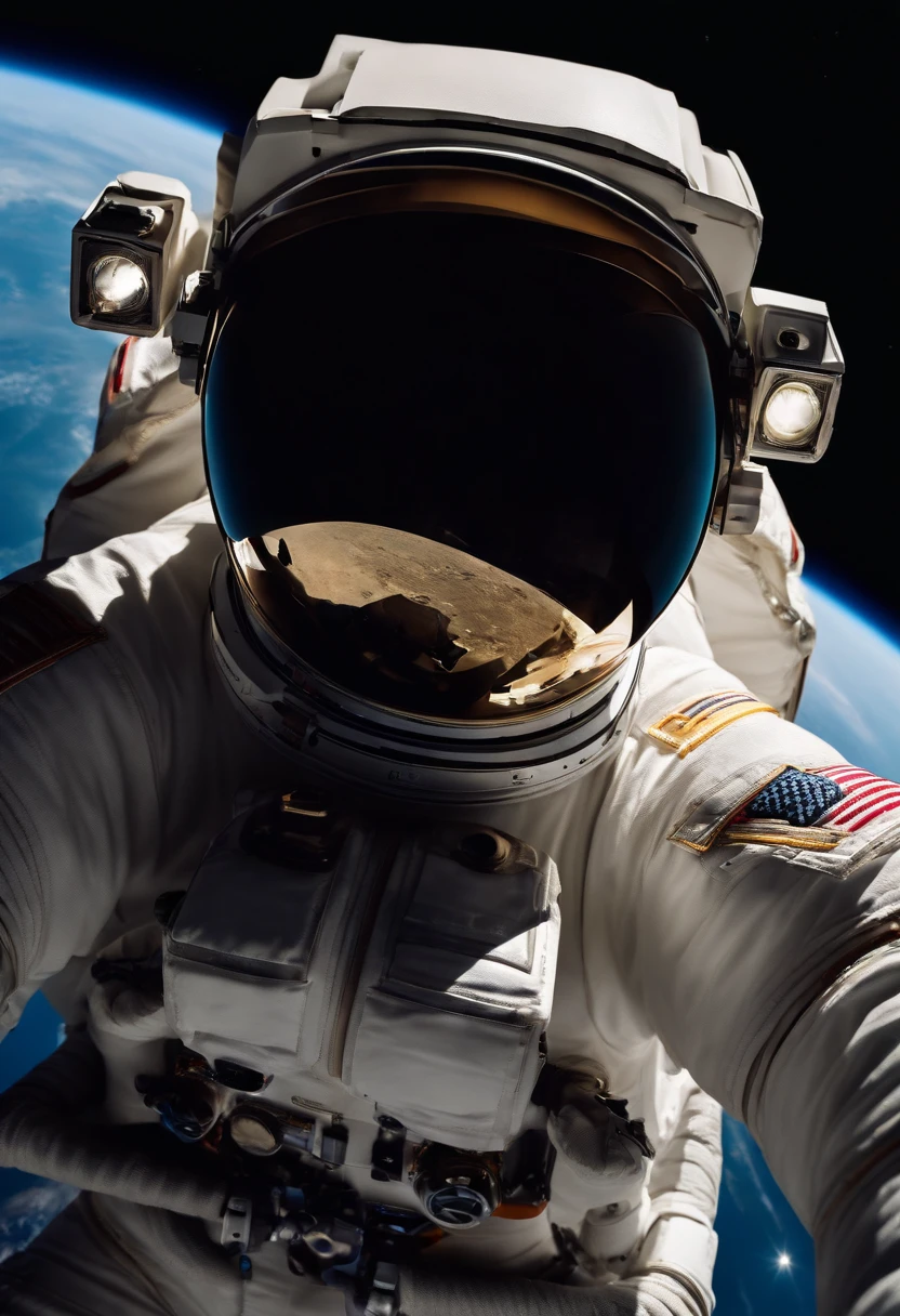 (photographic:1.3), (ultra wide lens:1.3), (close-up:1.3), (selfie shot:1.3), (an astronaut floating on space:1.3), (helmet:1.3), (infinite space behind him:1.3), (no gravity:1.1)