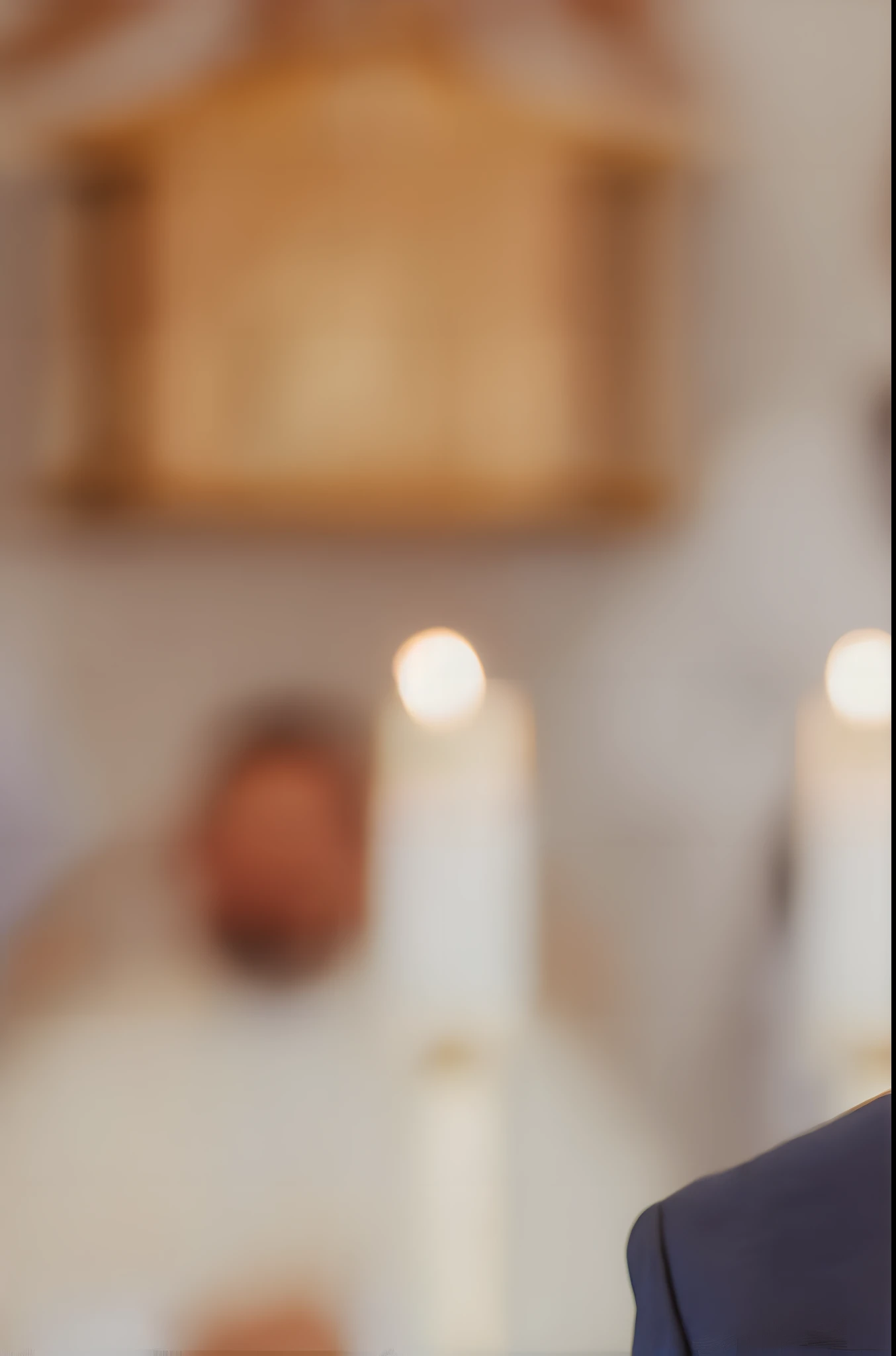 Homem de terno azul e camisa branca em frente ao altar da igreja, noivo, three-piece suit, vestindo terno azul escuro, terno azul, serious focussed look, terno e colete, em terno estrito, terno intrincado, bonito e elegante, usando terno e gravata, looking serious, homem bonito, terno e gravata, serious look