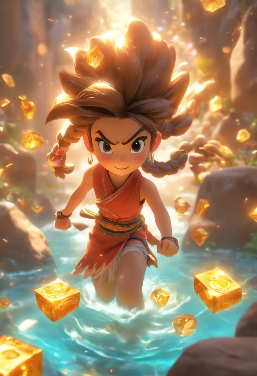 (Estilo Pixar),Uma menina chinesa de cinco anos,em uma caverna,mochila grande,A chest full of gold coins and gems,um esquilo,Um dinossauro vermelho,Modelo de personagem em miniatura, fonte de luz da direita para a esquerda, Rum lighting, fonte de luz da direita para a esquerda, Realistic proportions, Post-processing, ((perspectiva ortogonal)), Super Detalhe, Realistic, super realistic, photoreal render,