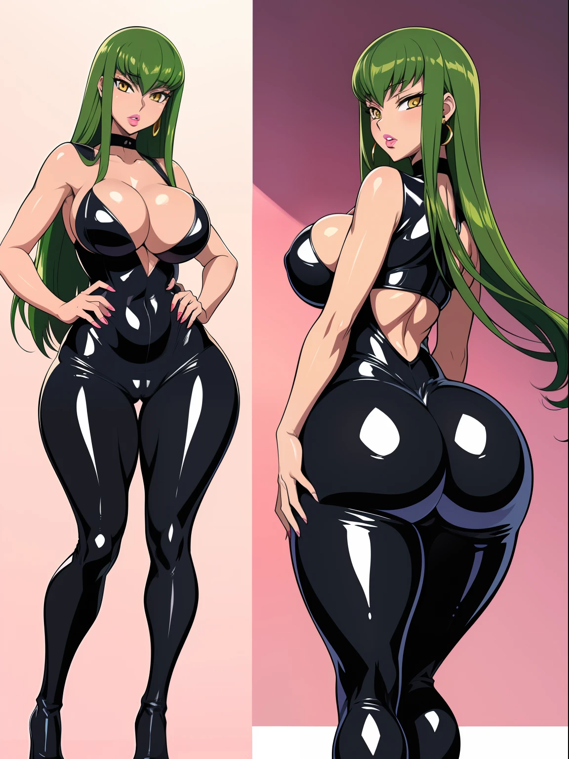 Code Geass, C.C, 1girl, (((bimbo))), long green hair, yellow eyes, ear rings, puffy lips, painted lips, thick lips, wide hips, thick thighs, small breast, huge ass, revealing cleavage, bubble butt, camel toe, Breasts, skin tight pink venom, venom, pink venom absorption, ass posing,
