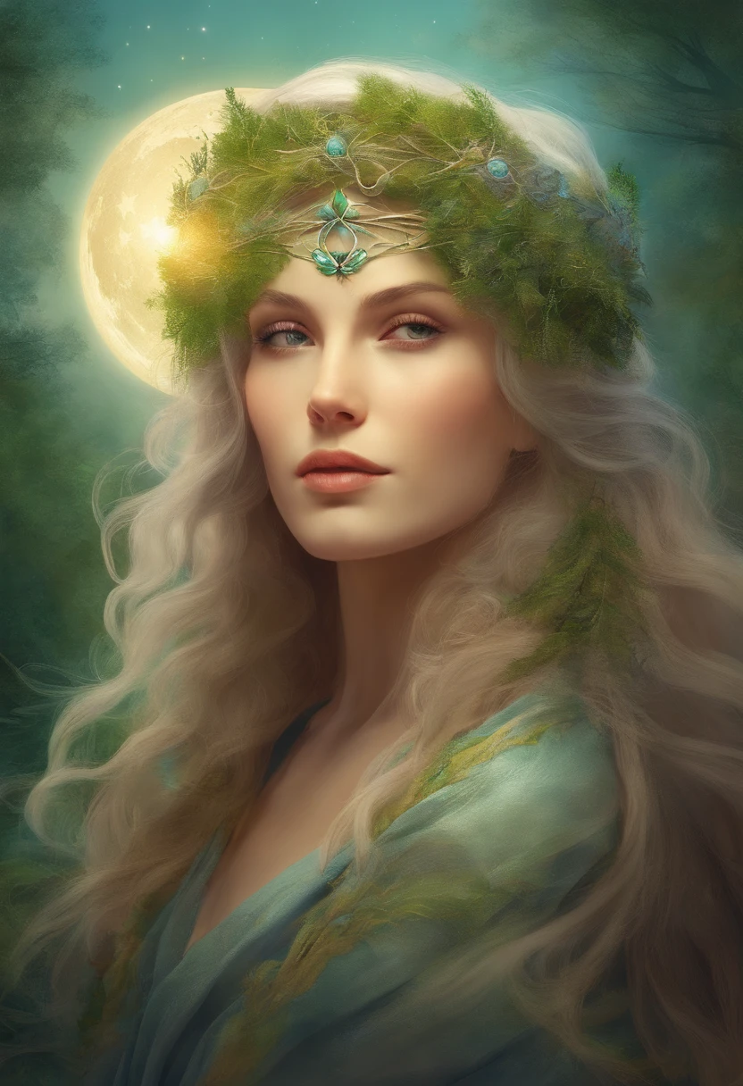 Close-up of a 90-year-old woman with a wreath of grass on her head. Goddess of the Moon and the Forest. She turns her back to the camera under the full moon. Image de dos. fantastique. Portrait of a Norse Moon Goddess. Grandma.