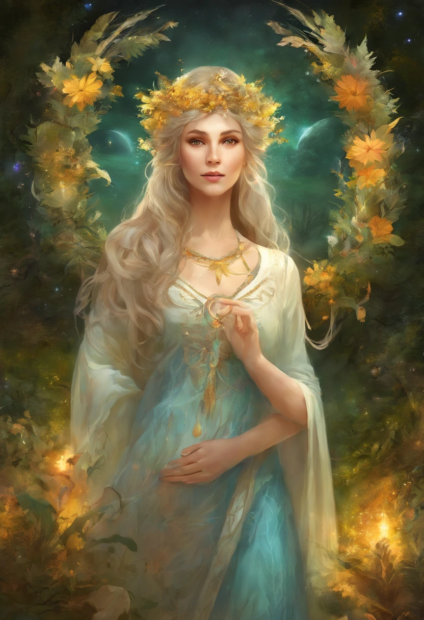 Close-up of a 90-year-old woman with a wreath of grass on her head. Goddess of the Moon and the Forest. She turns her back to the camera under the full moon. Image de dos. fantastique. Portrait of a Norse Moon Goddess. Grandma.