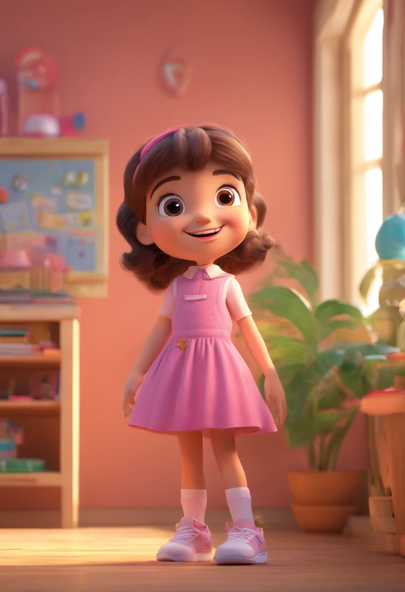 Annabelle Natille, com um vestido rosa, pink sneakers and a pink bow, com cabelo castanho grande, different expressions , rosto triste ,rosto felizfolha de caracteres, different angles, desenho animado infantil 3D
