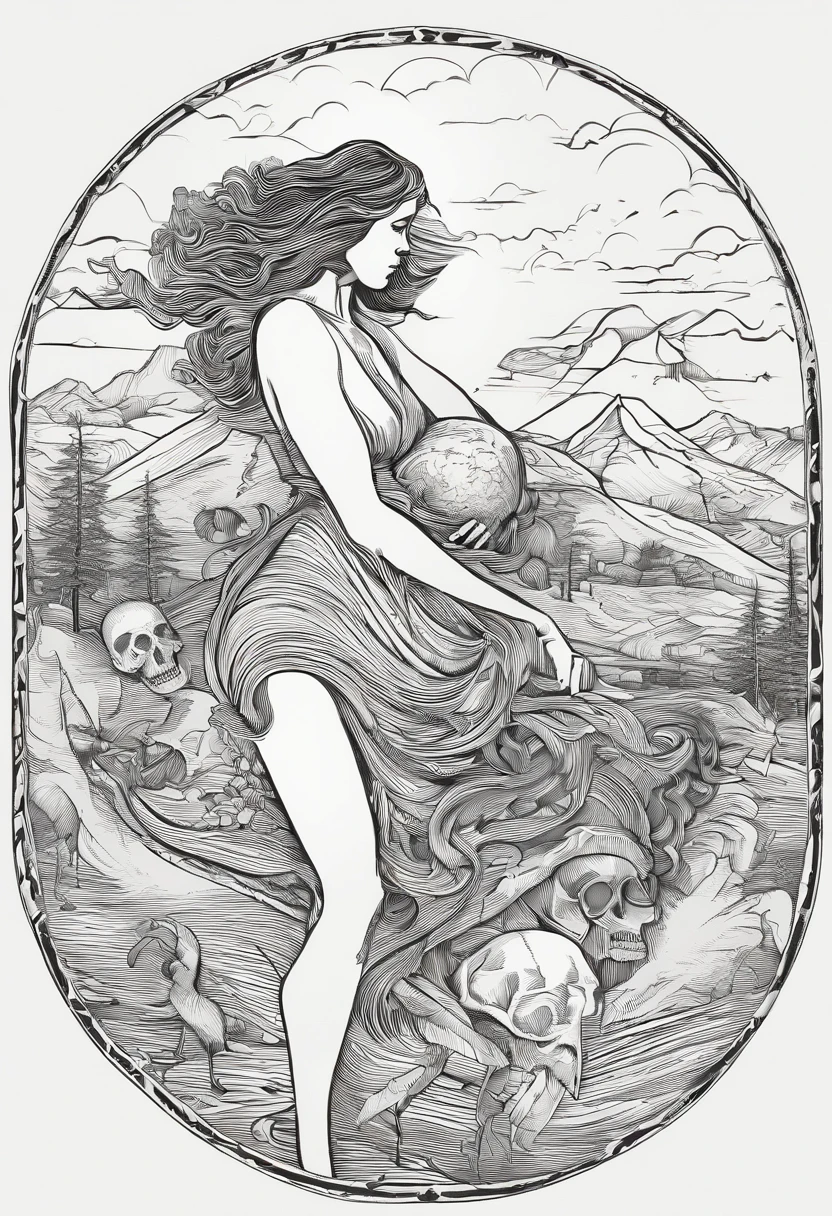 a woodcut etching print illustration image of a woman wearing no clothes riding a skull and having a climax, romantic and sensual, sexy and erotic