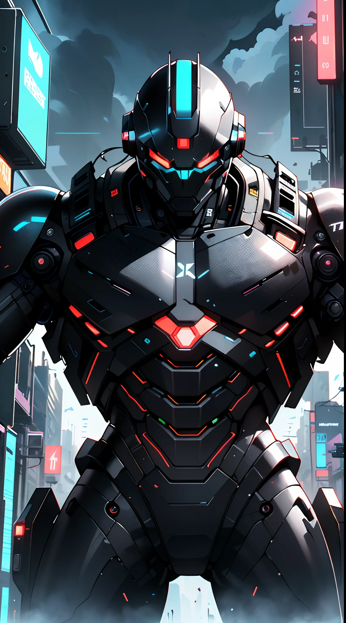 Imposing black plastic metal android robot,three meters tall,minimalist design,marked metallic musculature. His head is smooth and adorned with RGB lights,body is glossy black, RGB details, futuristic design,(((muscular))),hypermuscle, hyper muscles,carbon robot,humanoid robot, robot, robot joints, joints, helmet, armor, head-mounted display,(((robot with minimalist design))),

He carries a metal backpack on his back.

(dynamic pose:1.0),solo focus,(centered,scale to fit dimensions,Rule of thirds),

cyberpunk city by the ocean at night, with bright neon signs and dark stormy clouds and puddles, scenery:1.25,nighttime, starry night, cosmos,

artistic photography,(photography taken by sldr),highres, sharp focus, (ultra detailed, extremely detailed), (photorealistic artwork:1.37),(extremely detailed CG unity 8k wallpaper),((synthwave background theme)),(((vibrant colors))),(intricate background),(masterpiece),(best quality),