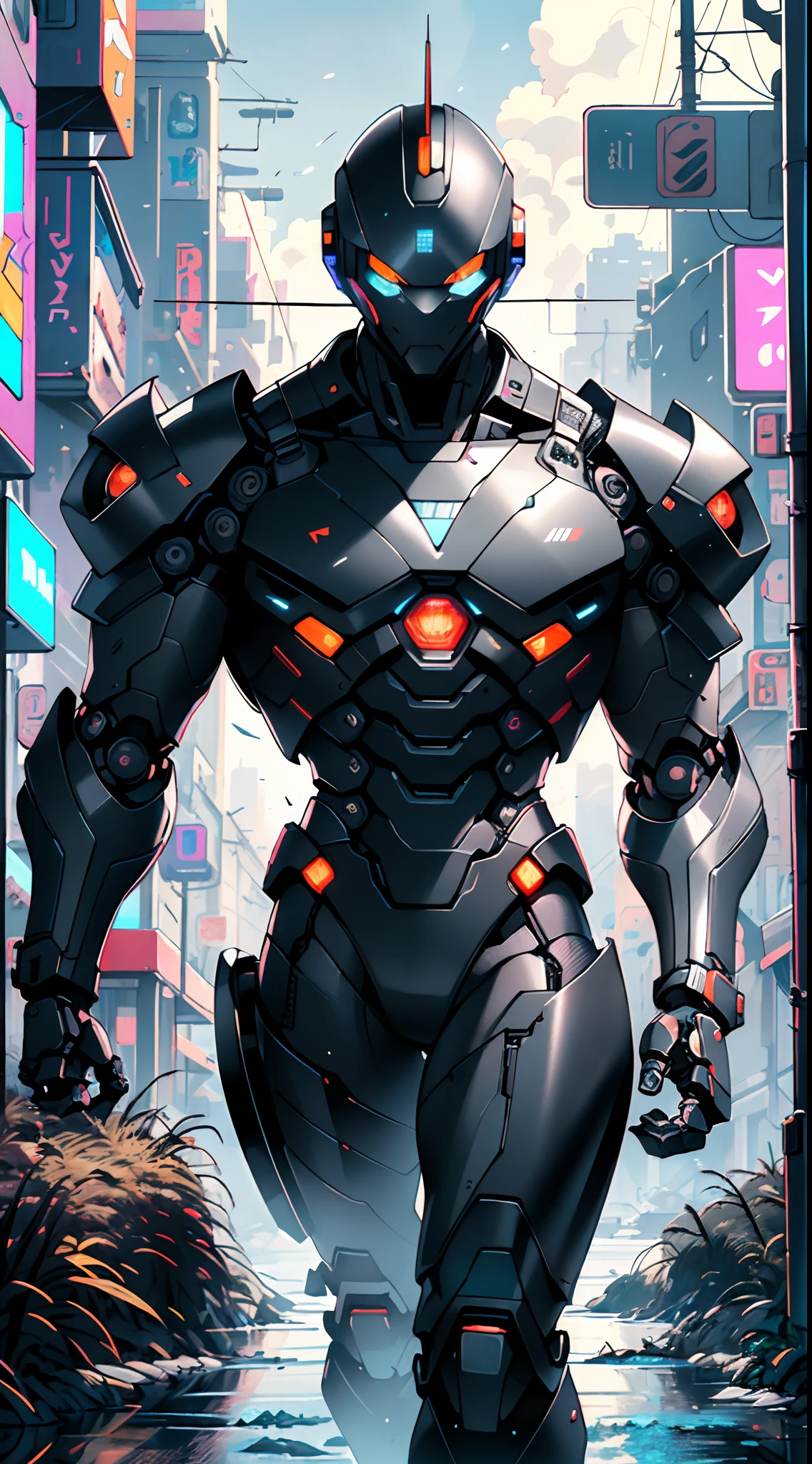 Imposing black plastic metal android robot,three meters tall,minimalist design,marked metallic musculature. His head is smooth and adorned with RGB lights,body is glossy black, RGB details, futuristic design,(((muscular))),hypermuscle, hyper muscles,carbon robot,humanoid robot, robot, robot joints, joints, helmet, armor, head-mounted display,(((robot with minimalist design))),

He carries a metal backpack on his back.

(dynamic pose:1.0),solo focus,(centered,scale to fit dimensions,Rule of thirds),

cyberpunk city by the ocean at night, with bright neon signs and dark stormy clouds and puddles, scenery:1.25,nighttime, starry night, cosmos,

artistic photography,(photography taken by sldr),highres, sharp focus, (ultra detailed, extremely detailed), (photorealistic artwork:1.37),(extremely detailed CG unity 8k wallpaper),((synthwave background theme)),(((vibrant colors))),(intricate background),(masterpiece),(best quality),