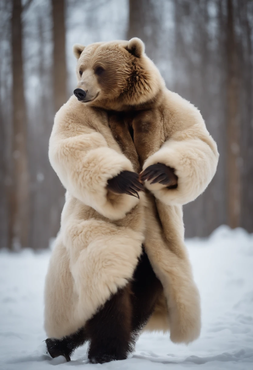 (Russian winter, (((wild bear)) in a sheepskin coat and boots), dancing in a hop,  national Russian costumes, clothes in Russian folk style, embroidery on clothes), ((glow)), hyper-detail, hyper-realism, sharp shot, cinematic, dark theme action-packed background, (bokeh effect)