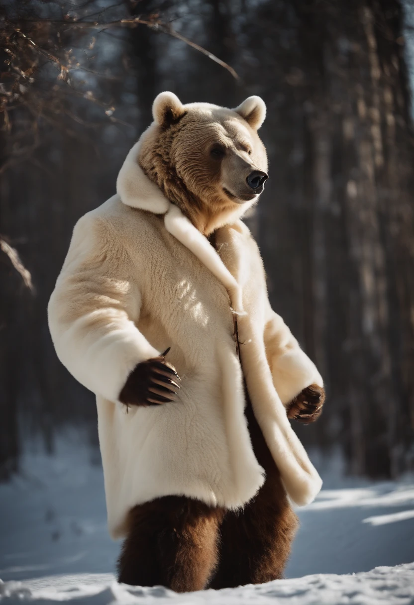 (Russian winter, (((wild bear)) in a sheepskin coat and boots), dancing in a hop,  national Russian costumes, clothes in Russian folk style, embroidery on clothes), ((glow)), hyper-detail, hyper-realism, sharp shot, cinematic, dark theme action-packed background, (bokeh effect)