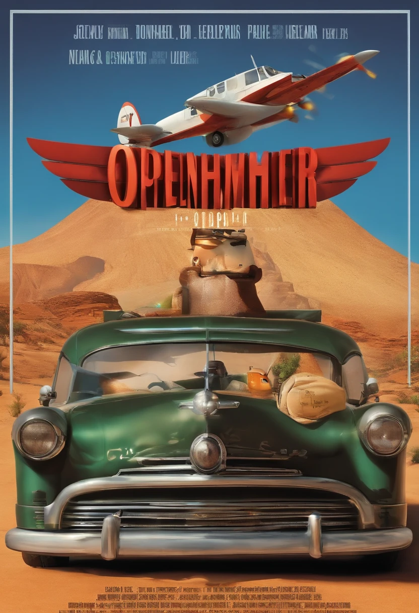 filme Oppenheimer 2023 estilo filmes Pixar, Com nome "Oppenheimer", poster, with credits