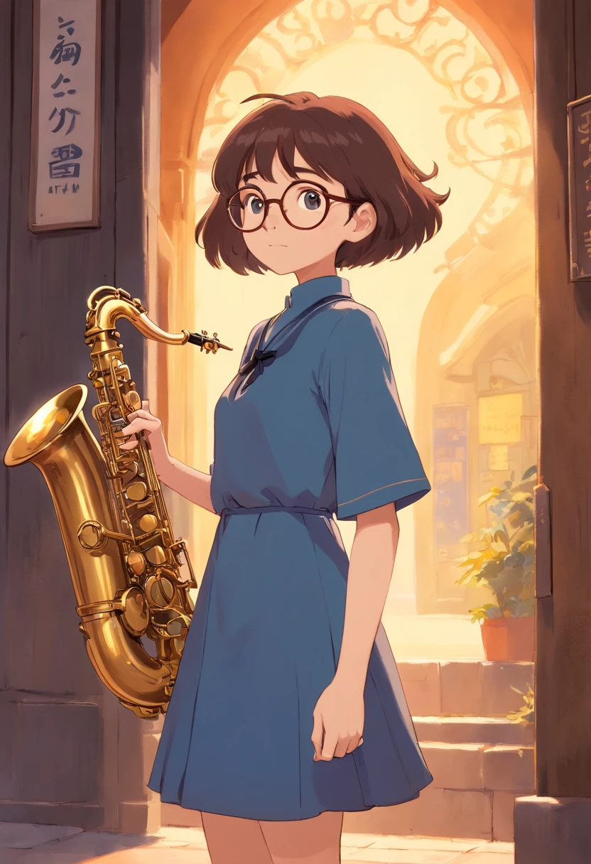 criar uma imagem estilo pixar, sou moreno claro, sexo masculino, pouco acima do peso, I wear glasses, tenho formato do rosto oval, sobrancelhas grossas, cabelo crespo bem baixinho, olhos pequenos da cor castanho escuro, boca pequena, cara de nerd, vestido de terno e tocando saxofone tenor