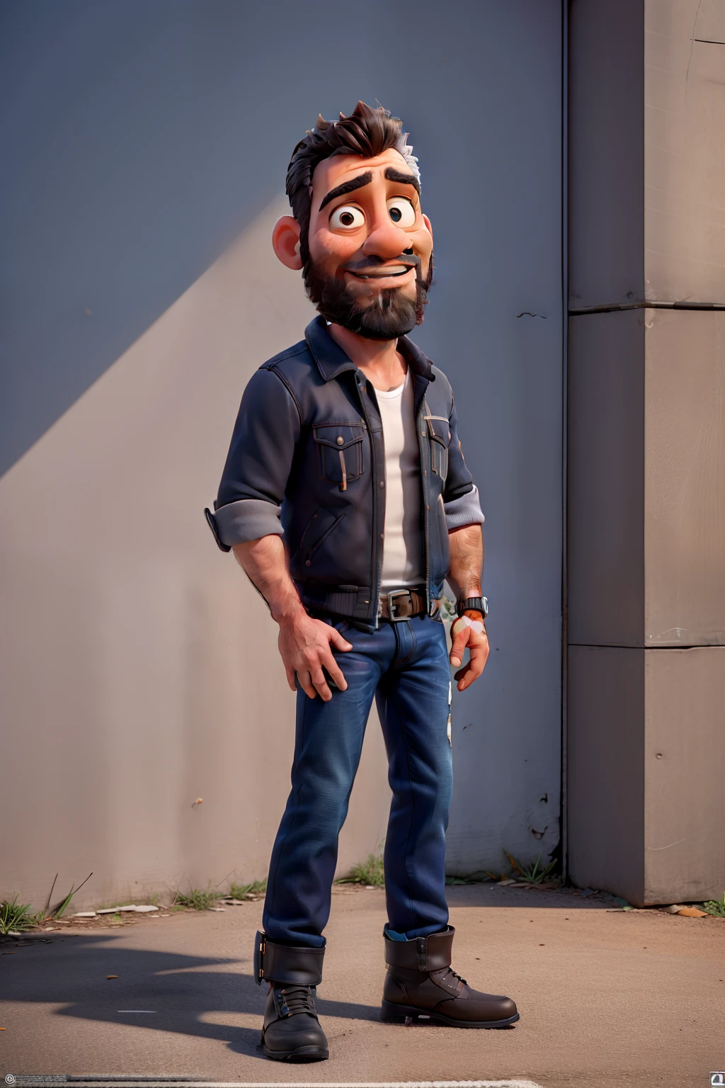 master part, best quality, um homem de 35 anos com barba preta e longa cabelos pretos, vestindo uma jaqueta de couro e jeans preto, ao lado de sua motocicleta estilo naked