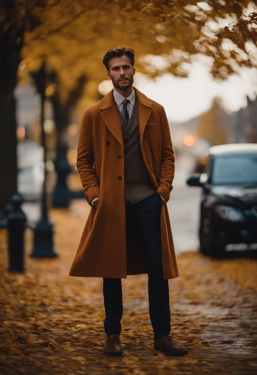 Full body photo portrait photo of handsome man、perfect  eyes、Wearing a mecha coat((Light bokeh))、Convoluted、(steel metal[rust])、elegent、foco nítido、Photo by Greg Rutkowski、Soft lighting、bright colour、​masterpiece、(a street))、autumnal、sad、One foot in front of you